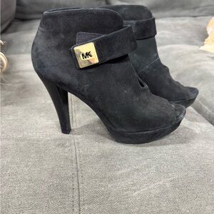 Michael Kors Black Suede Peep-Toe High Heel Booties with Gold Logo Accent